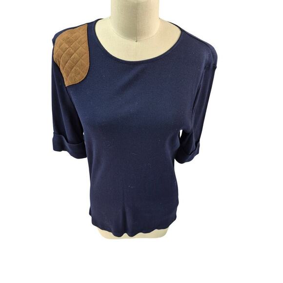 NWT LRL Lauren Ralph Lauren Ribbed Navy Blue Top Elbow Sleeves Sz XL - Picture 3 of 6